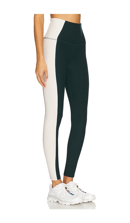 Shop Beyond Yoga Spacedye Vitality Colorblock High Waisted Midi Legging In Dark Spruce Green & Eggshell