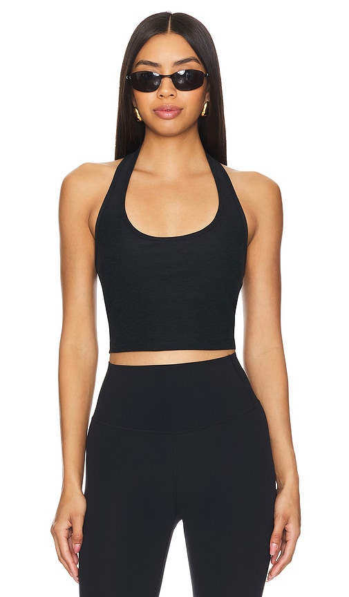 Beyond Yoga Spacedye Well Rounded Cropped Halter Tank Top in Black.