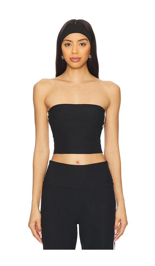 Shop Beyond Yoga Spacedye Strapless Stripe Top In Black