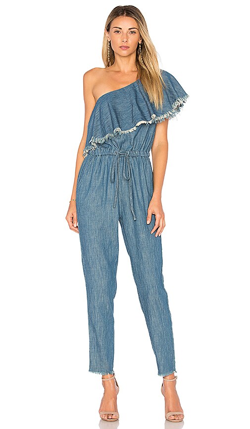 one shoulder denim jumpsuit