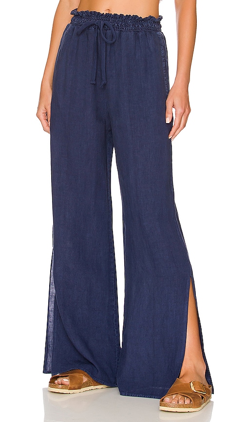 Bella Dahl Smocked Waist Side Slit Linen Wide Leg Pants In Blue | ModeSens