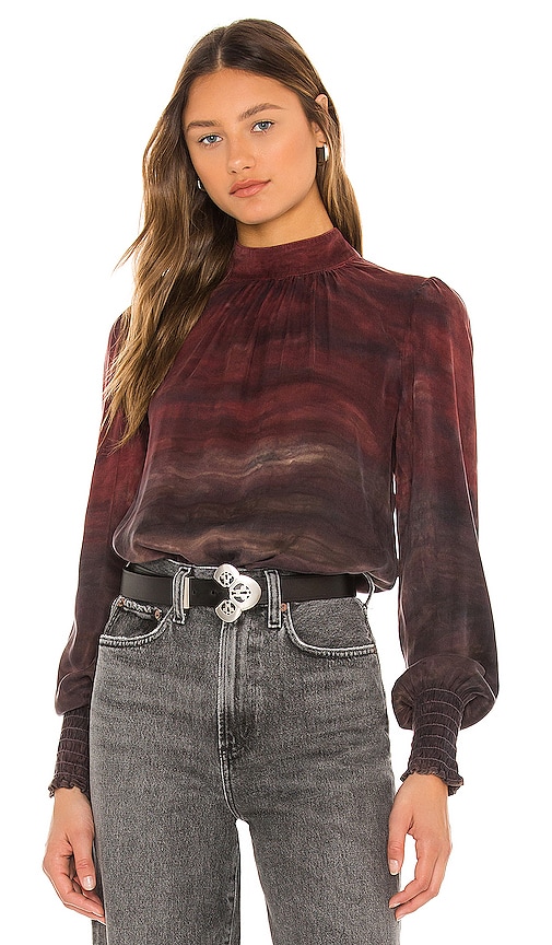 Bella Dahl Mock Neck Smocked Top in Wildberry Horizon Tie Dye in