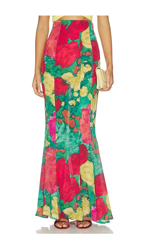 BALMAIN Roses Print Long Skirt in Green, Pink & Yellow in Red,Green. Size 34. Also in 36, 38.