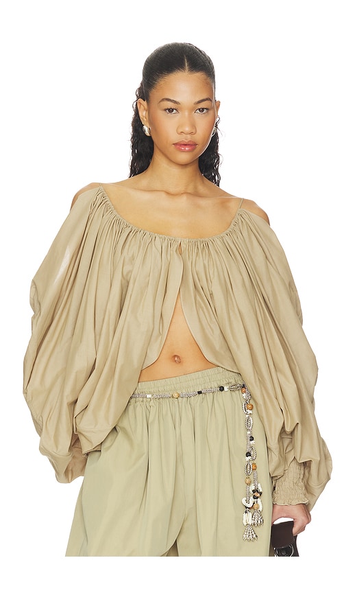 BALMAIN Draped Cotton Blouse in Beige Foncé