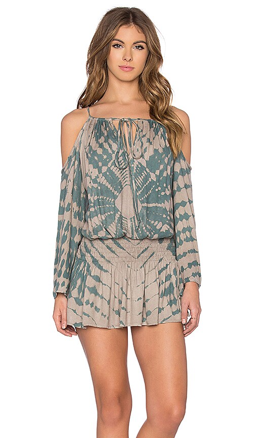 Blue Life Shirred Waist Open Shoulder Dress in Tahitian Sands