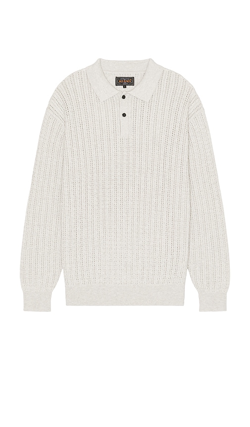 Beams Knit Polo Cable In White