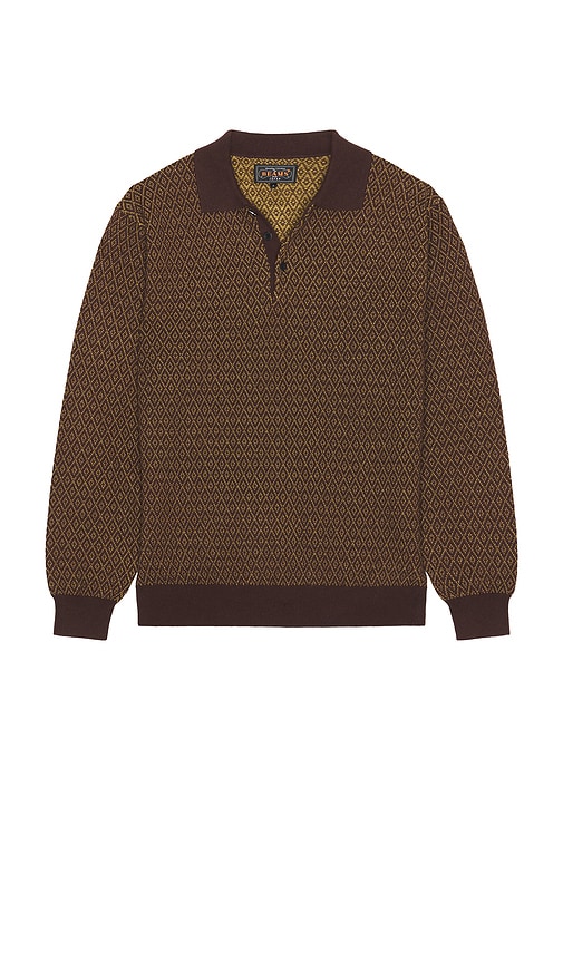 Beams Knit Polo Diamond Pattern In Brown