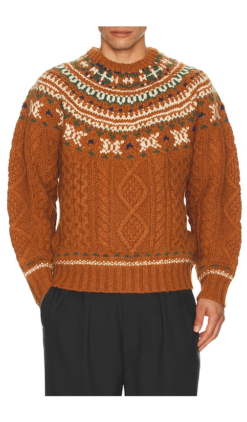 Beams Crew Nordic Cable Sweater In Brown