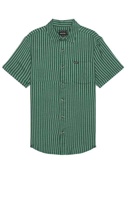 Shop Brixton Charter Herringbone Stripe Short Sleeve Shirt In Trekking Green & Chinois
