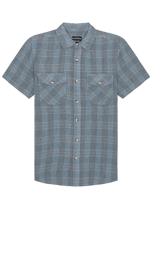 Shop Brixton Memphis Linen Blend Short Sleeve Shirt In Flint Stone Blue & Cinder Grey