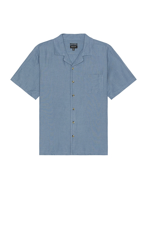 Shop Brixton Bunker Linen Short Sleeve Camp Collar Shirt In Flint Stone Blue