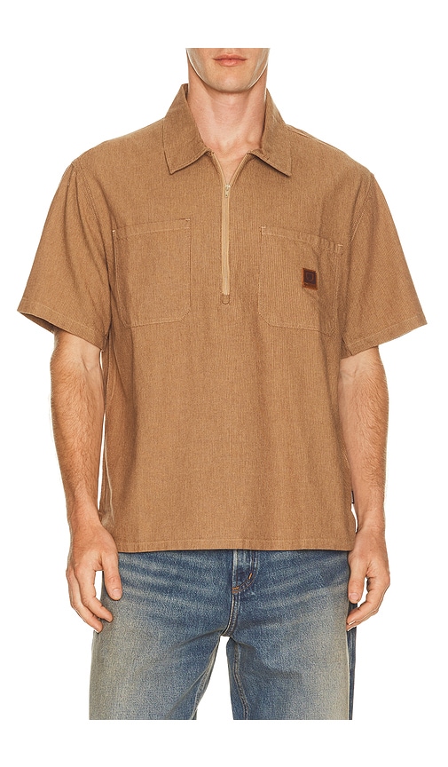 シャツ JieDa GINGHAM HALF ZIP L/S SHIRT BROWN 1 Brixton Brakeman Half Zip Short Sleeve Shirt in Brown & Tan Stripe