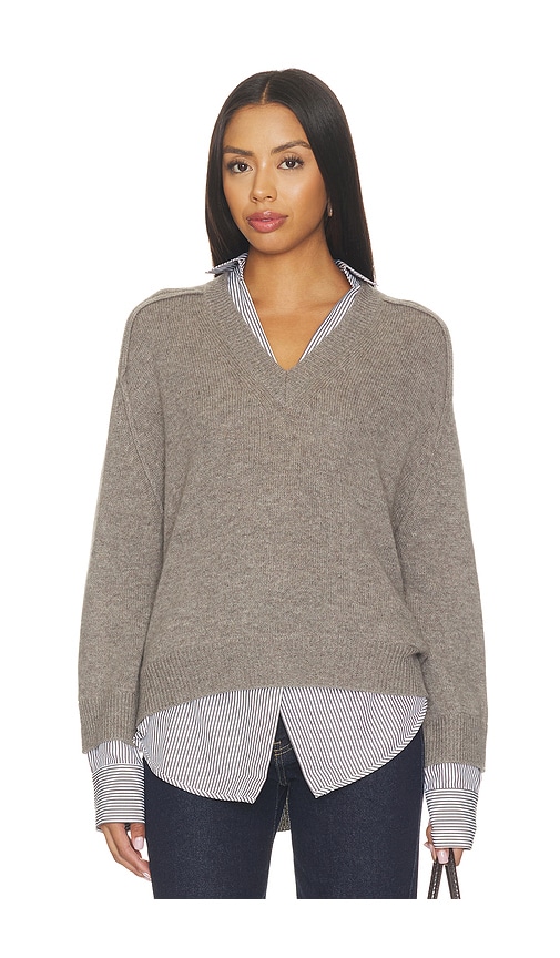 Brochu Walker V-neck Printed Layered Pullover Sweater In Otter Melange With Flint
