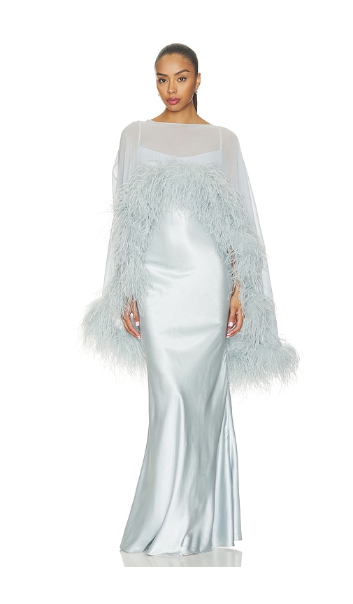 Bronx Banco Silky Maxi Dress And Chiffon Cape With Feather Trim In Baby Blue