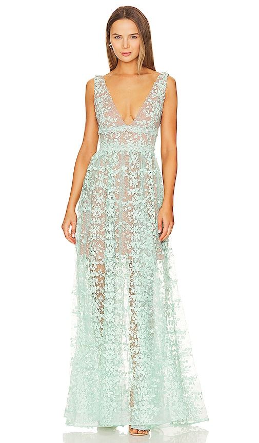 Bronx And Banco Megan Deep V-neck Floral Applique Lace Gown In Turquoise