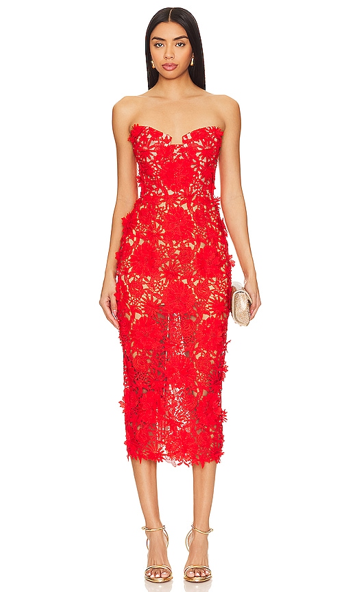 Bronx And Banco Jasmine Strapless Floral Lace Midi Dress In Red