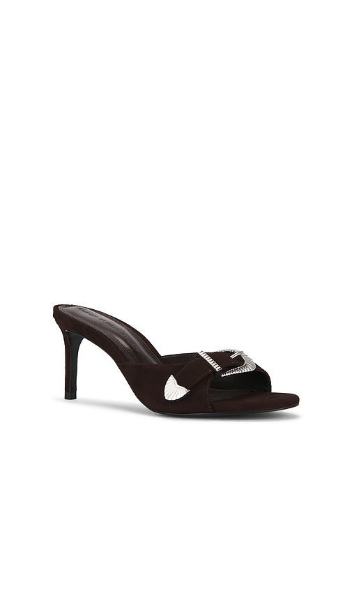 Black Suede Studio Elena Buckle Mule Heels In Brown