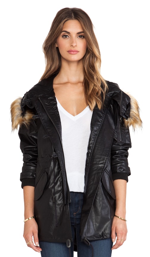 Vegan Leather Hooded Parka with Faux Fur Trim