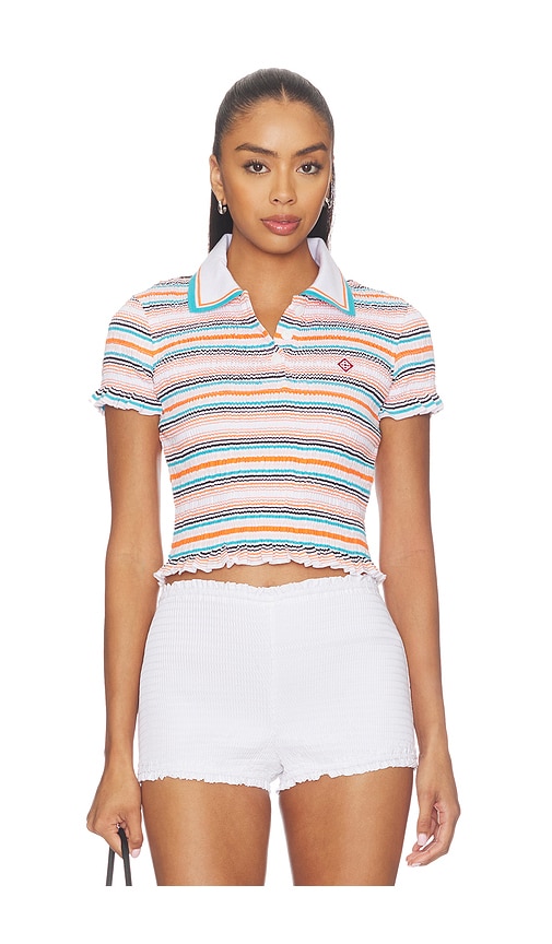 Casablanca Stripe Shirred Polo Top