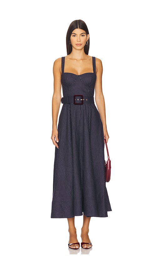 Cara Cara Calypso Belted Shirred Pinstriped Wool-blend Midi Dress In Blue