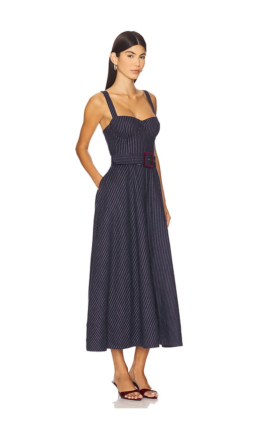 Cara Cara Calypso Belted Shirred Pinstriped Wool-blend Midi Dress In Blue