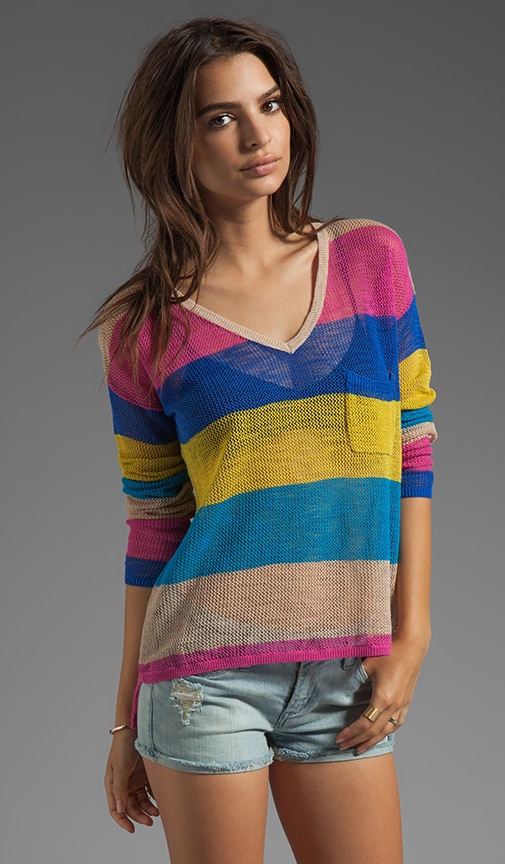 Linen Cotton Mesh Stripe Long Sleeve V-Neck Box Tee