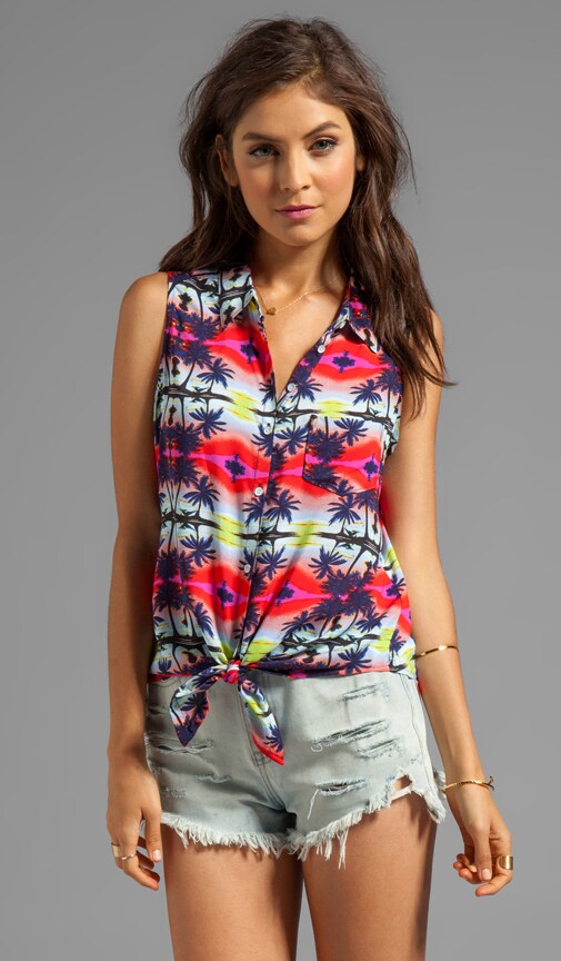 Palm Tree Rayon Sleeveless Tie Front Shirt