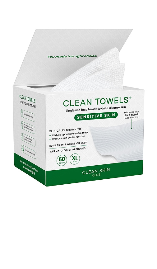 Clean Skin Club Sensitive Skin Clean Towels XL 50 Count in White