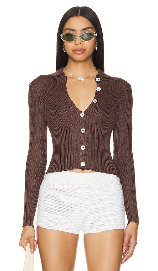 Shop Calle Del Mar Ribbed Cardigan In Chocolate