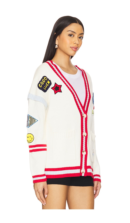 Central Park West Varsity Patch V Neck Cardigan In Red Multi