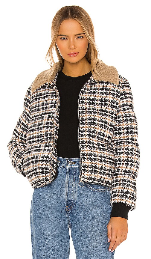 Central Park West Guggenheim Puffer With Faux Fur Collar in Plaid Combo
