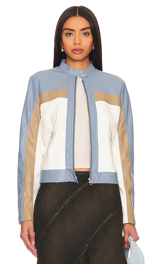 Central Park West Carson Faux Leather Moto Jacket In Blue