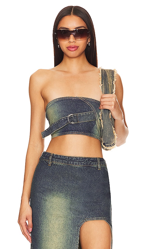 Shop Cannari Concept Denim Top With D-ring In Peridot Blue
