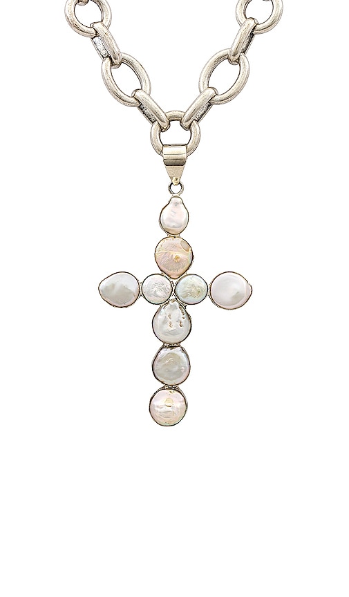 Shop Child Of Wild Cordelia Pearl Cross Necklace In Metallic Silver