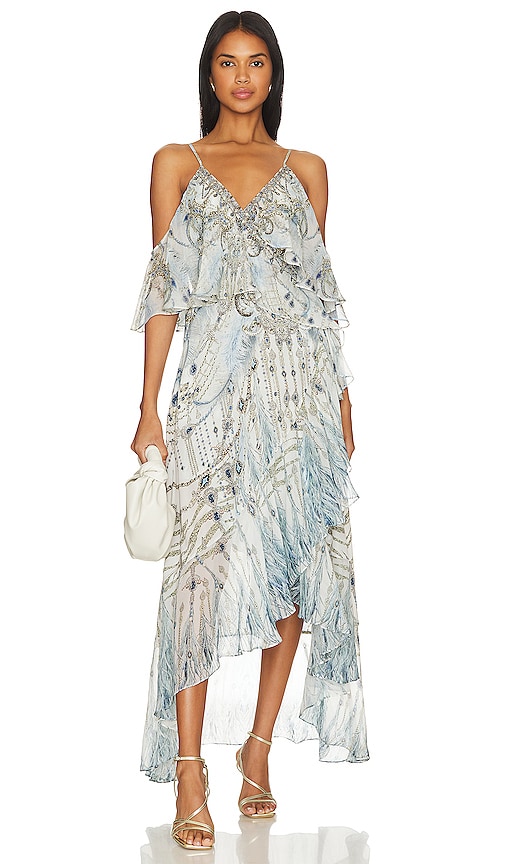 Camilla Ruffle Overlayer Wrap Dress in MOON AND BACK | REVOLVE