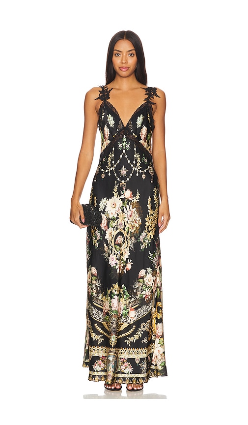 Camilla V Neck Full Length Bias Slip Dress in Dynasty Daze