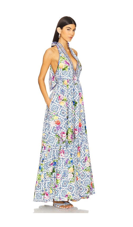 Camilla Ruffle Hem Halter Dress In Blue