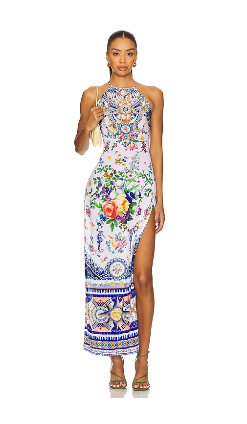 High Neck Long Dress in White,Blue. - size XS (also in L, M, S, XL)