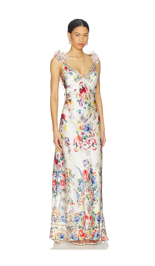 Camilla V Neck Bias Slip Dress With Back Frill In Multi