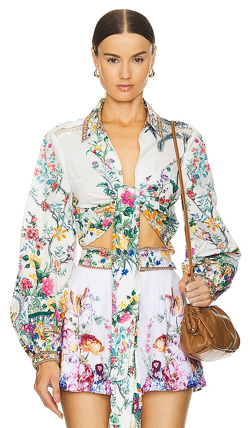 Camilla Cropped Wrap Shirt In Plumes And Parterres