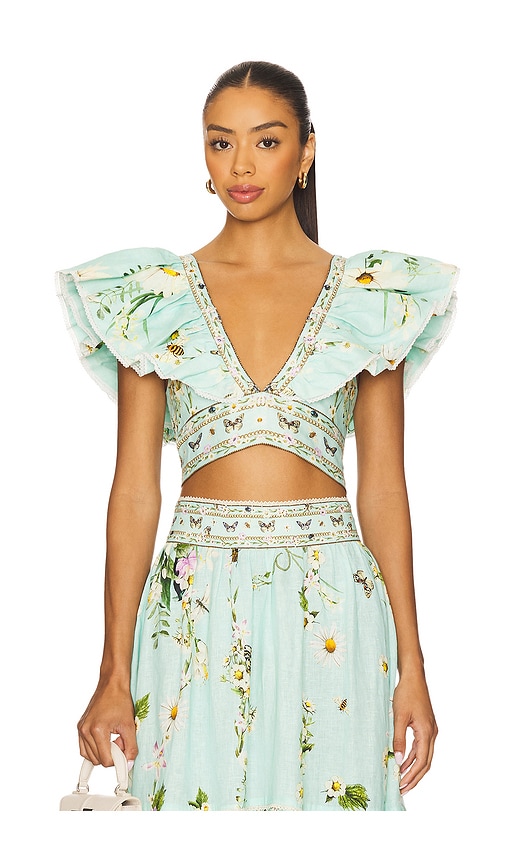 Camilla Ruffle Wrap Top In Floral Freefall In Pink
