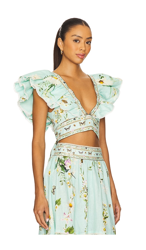 Camilla Ruffle Wrap Top In Floral Freefall In Pink