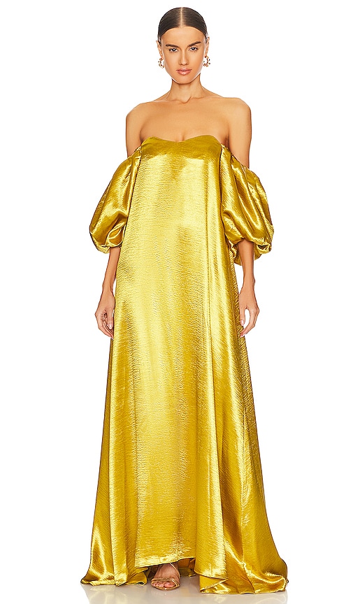 Gold Metallic Corset Detail Drape Slit Maxi Dress