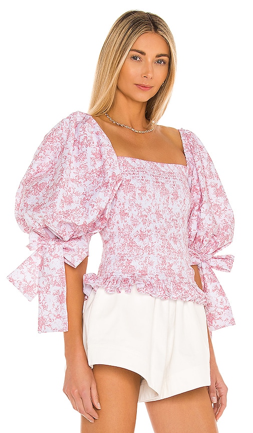 CAROLINE CONSTAS PUFF SLEEVE SMOCKED TOP