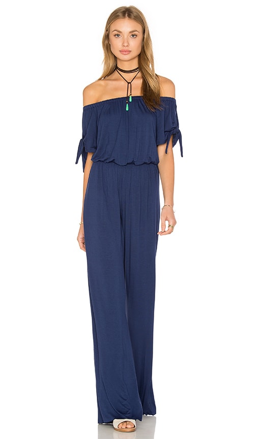 navy off the shoulder jumpsuit