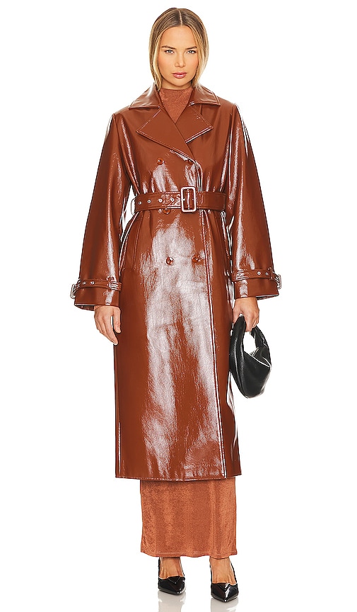 Camila Coelho Eugenia Faux Patent Trench Coat In Brown