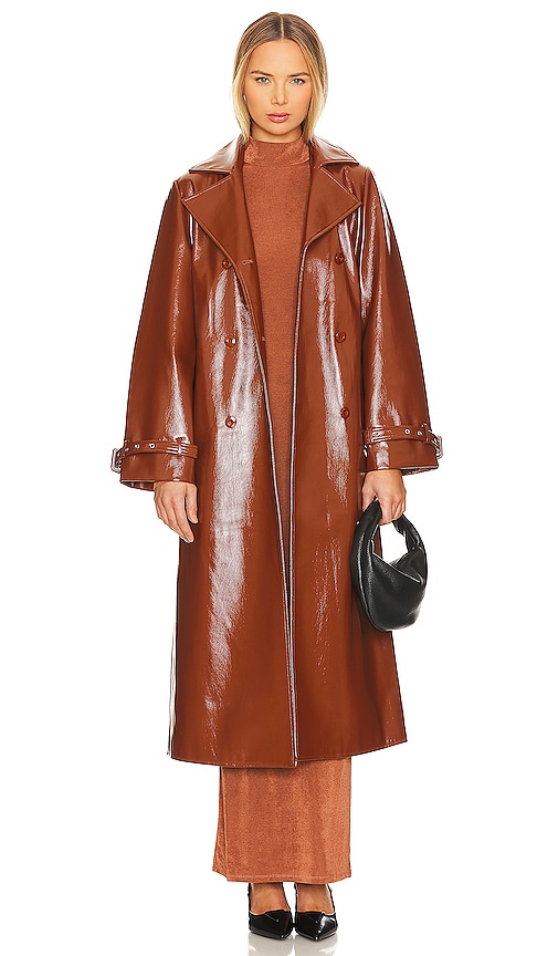 Shop Camila Coelho Eugenia Faux Patent Trench Coat In Brown