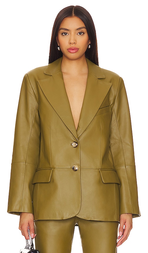 Camila Coelho Rhodes Oversized Leather Blazer In Olive Green