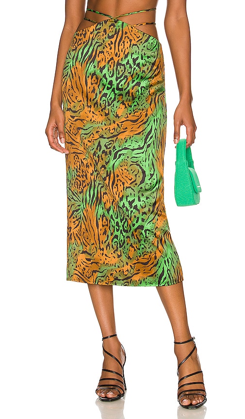 Camila Coelho Loreno Midi Skirt in Jungle Green Leopard