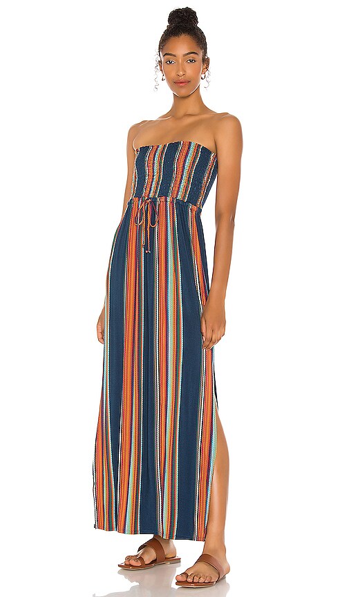 smocked strapless maxi dress